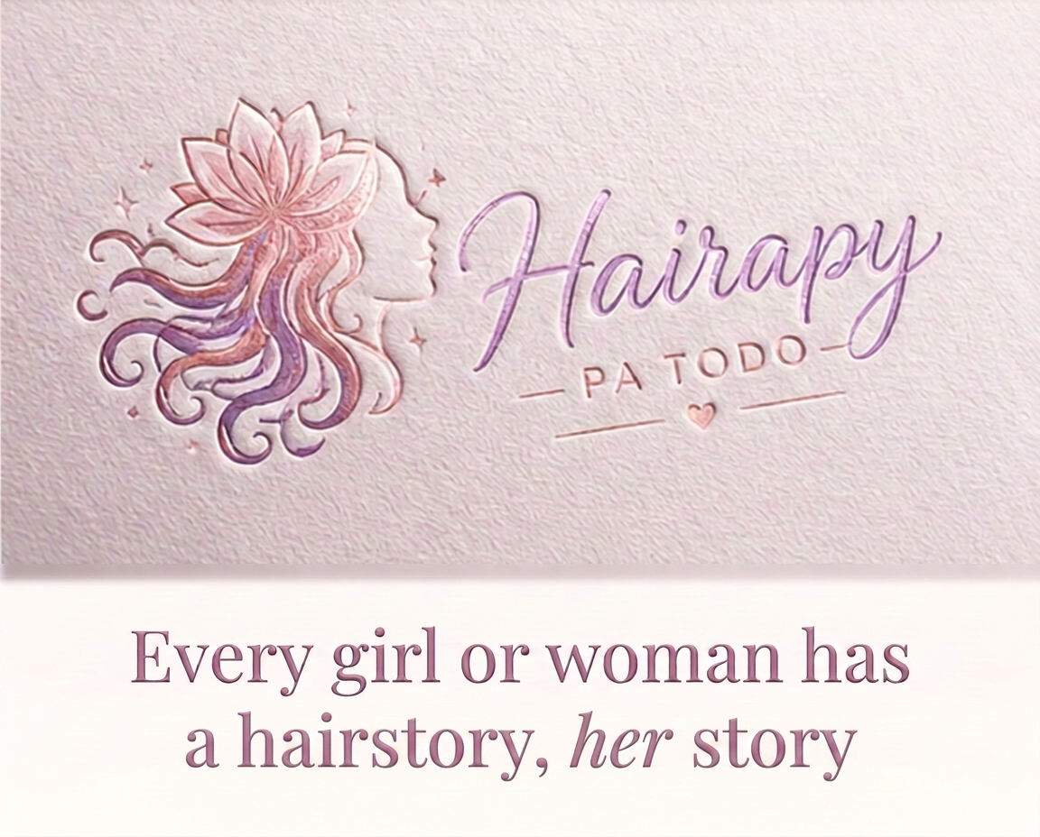 Hairapy Pa Todo — a lotus flower flowing into hair, embossed on sand-toned paper